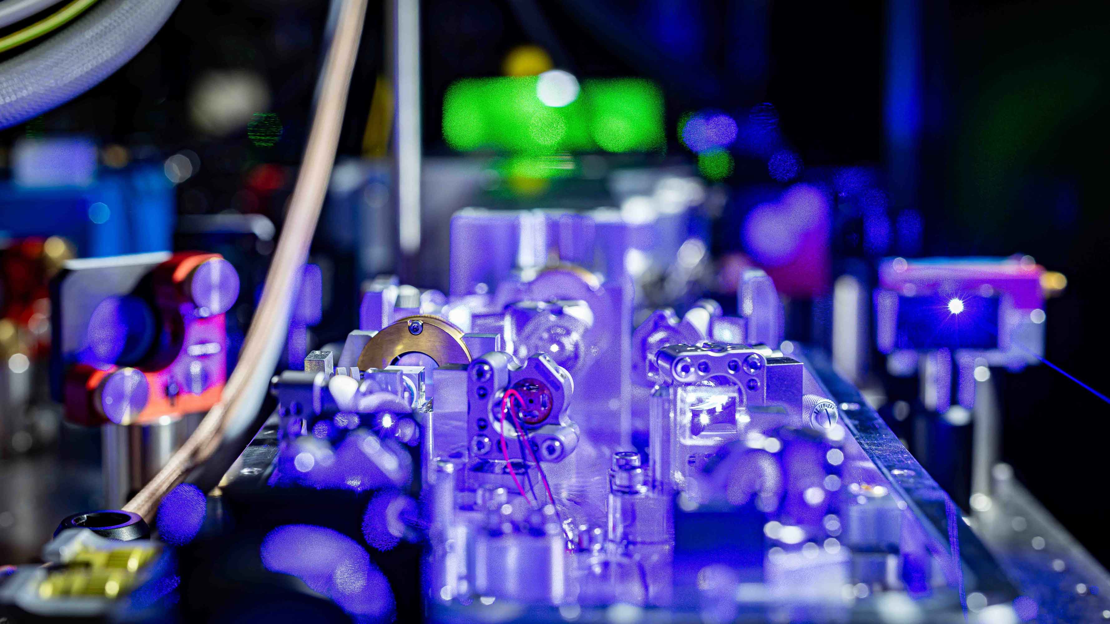 Close-up of a blue laser system for the excitation of Rubidium atoms to Rydberg states