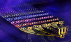 Conceptual picture of the new exotic quantum states that have been generated in Innsbruck. The generation of quantum entanglement in a string of 20 single atoms is shown. Entanglement between neighboring atom pairs (blue), atom triplets (pink), atom quadruplets (red) and quintuplets (yellow) was observed, before the system became too complex to characterize with existing techniques. (Credit: IQOQI Innsbruck/Harald Ritsch) String of 20 single atoms