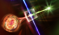 Illustration Harald Ritsch In einem nichtlinearen Kristall wird die Wellenlänge des Photons so verändert, dass es über herkömmliche Glasfaserleitungen gesendet werden kann.